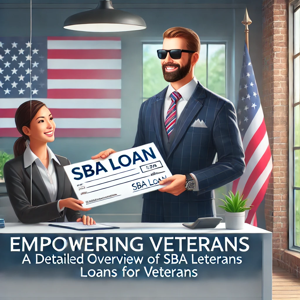 A professional and inspiring illustration showing a veteran entrepreneur receiving an SBA loan in a modern office setting. The veteran is holding a do.webp