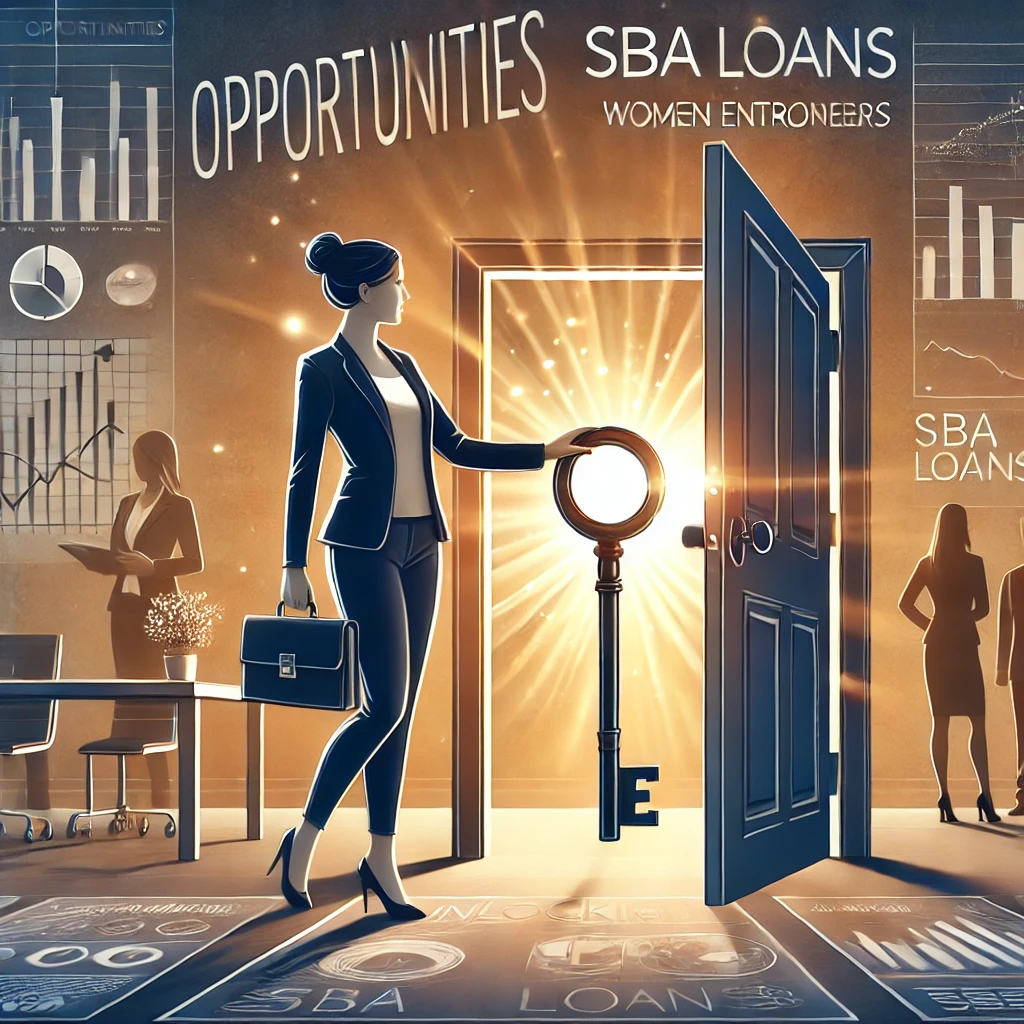 A professional and inspiring illustration depicting a female entrepreneur unlocking a door labeled 'Opportunities' with a key labeled 'SBA Loans