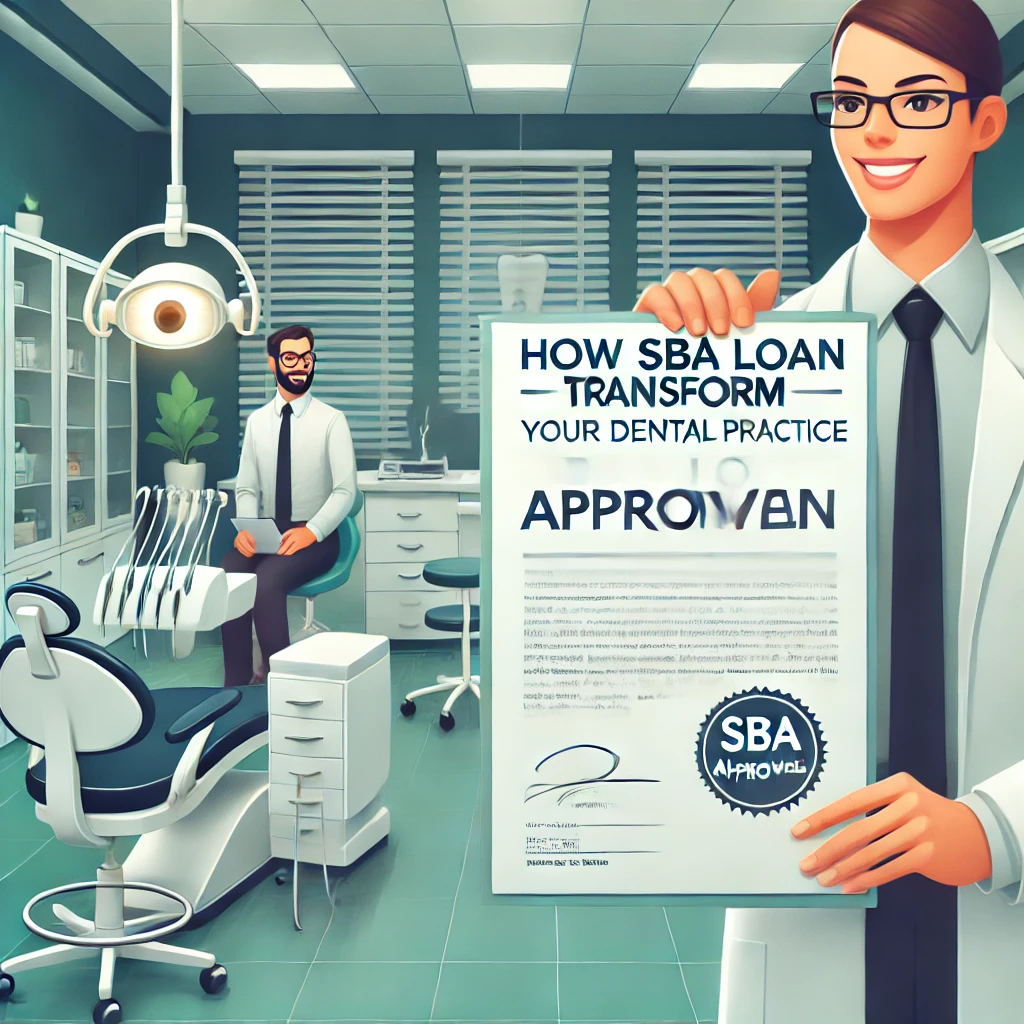 modern dental practice. In the foreground, a dentist is holding a document labeled 'SBA Loan Approv