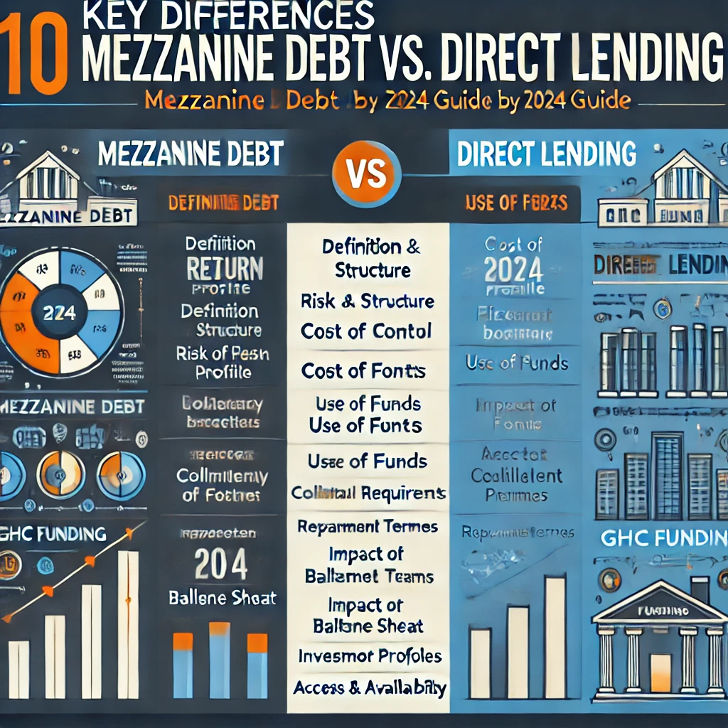 DALL·E 2024-08-01 21.11.23 - A professional infographic illustrating the '10 Key Differences Between Mezzanine Debt vs. Direct Lending_ A 2024 Guide by GHC Funding.' The image sho.webp